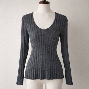 WHBM Gray Metallic Ribbed Sweater S Shimmer Fitted Stretch Long Sleeve Y2K Party